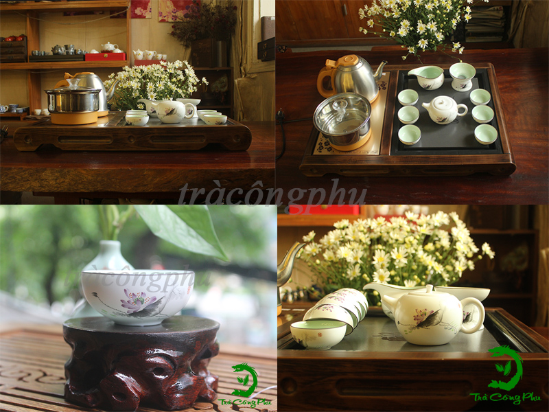 Bộ ấm chén bao gồm 1 ấm và 6 chén, 1 tống chuyên trà, 01 phễu lọc